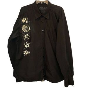 Stranded Button Down Shirt with Asian Style Graphics in Black/Cream/Grey Men’s X